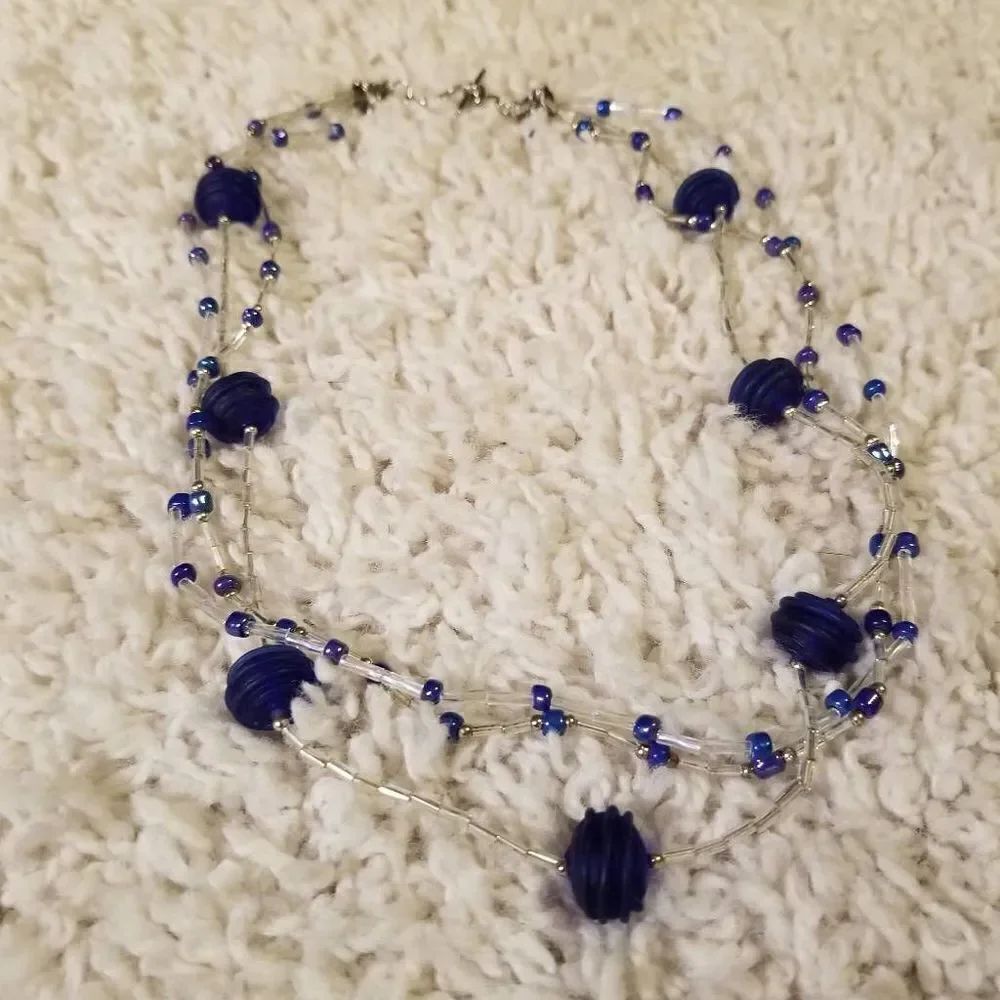Blue 3 strand Necklace Funky Beads